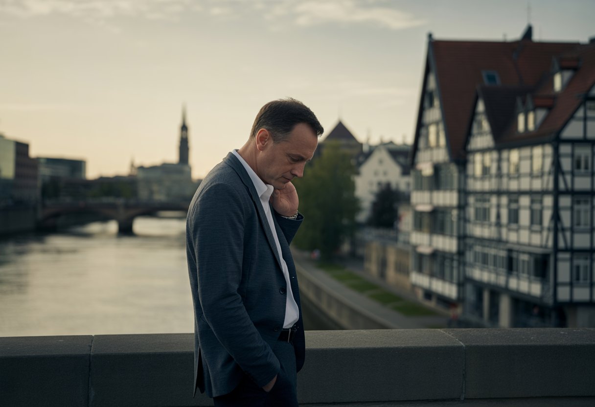 Ein nachdenklicher Mann steht alleine auf einer Brücke mit Blick auf eine Flusslandschaft und historische deutsche Gebäude im Hintergrund.