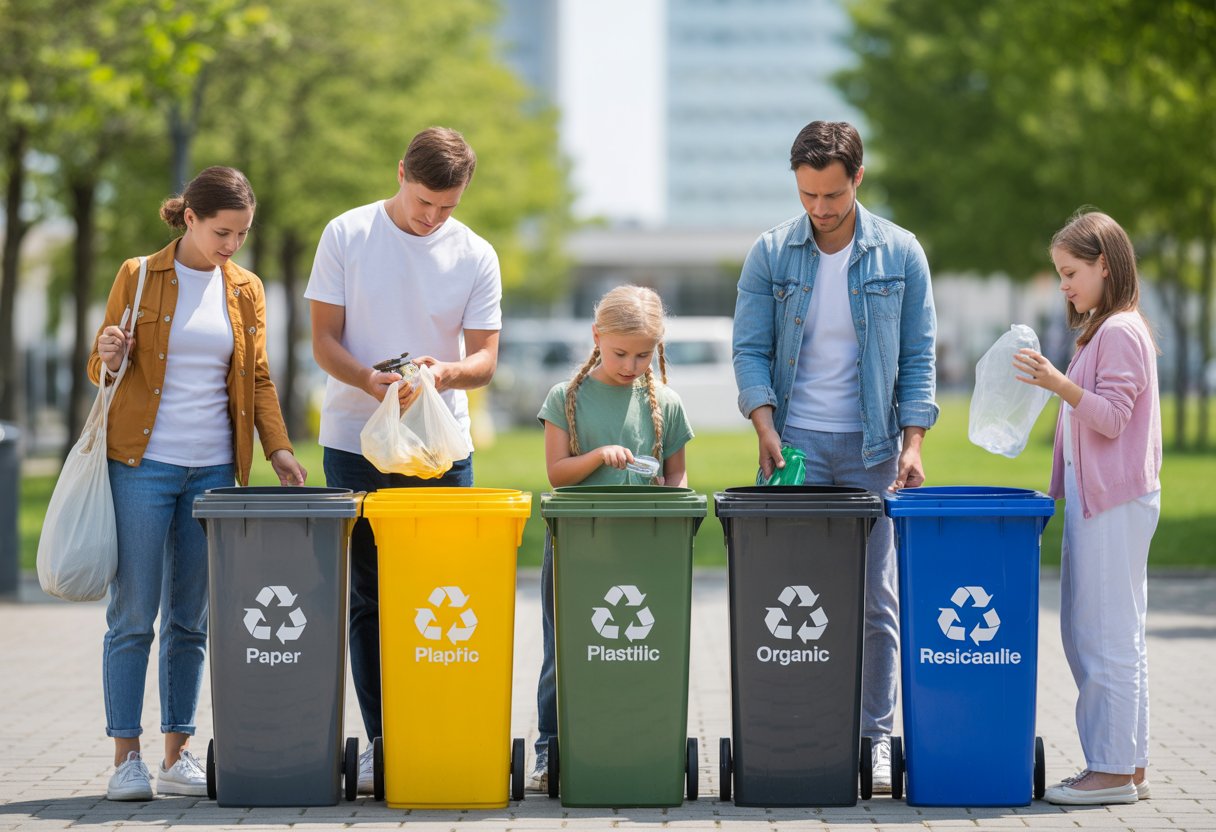 Menschen trennen Müll sorgfältig in farblich gekennzeichnete Recyclingbehälter in einem Park.