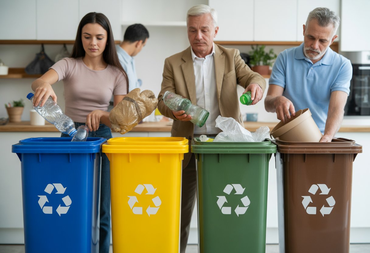 Menschen sortieren Müll in farbige Recyclingbehälter in einer modernen Küche.