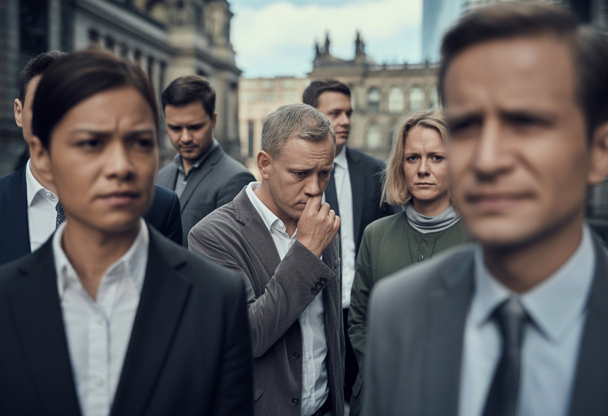 Eine Gruppe deutscher Menschen steht nachdenklich in einer Stadt mit typischer deutscher Architektur im Hintergrund.