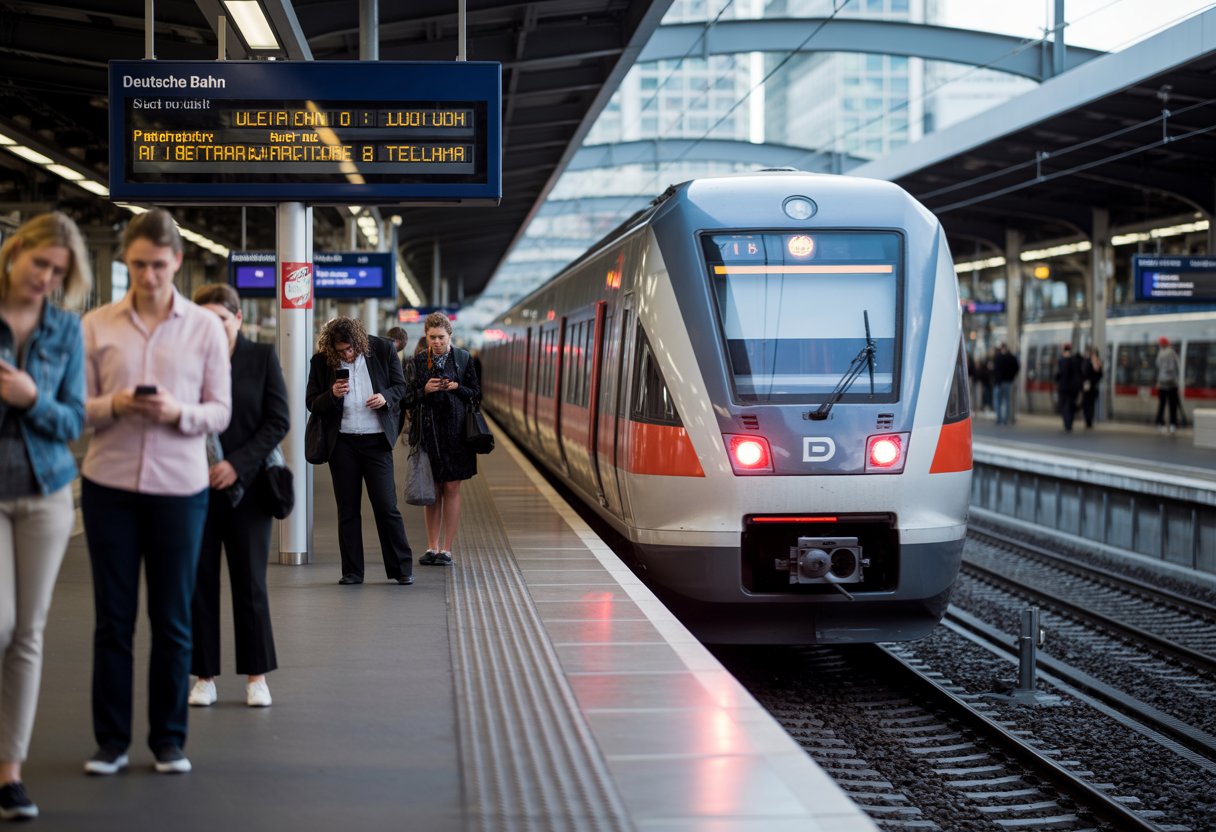 Ein moderner Bahnsteig mit einem verspäteten Zug der Deutschen Bahn und wartenden, ungeduldigen Fahrgästen.