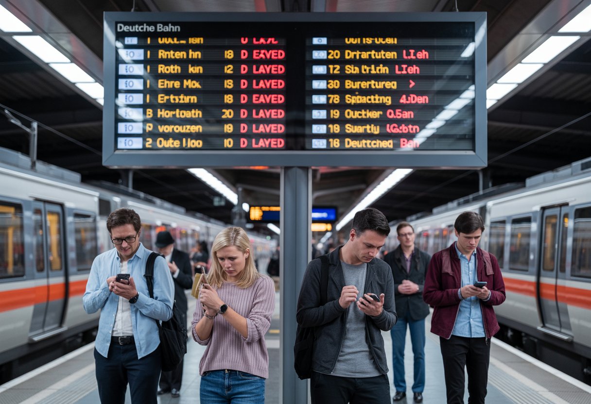 Menschen an einem Bahnsteig schauen auf eine digitale Anzeigetafel mit verspäteten Zügen und wirken ungeduldig.