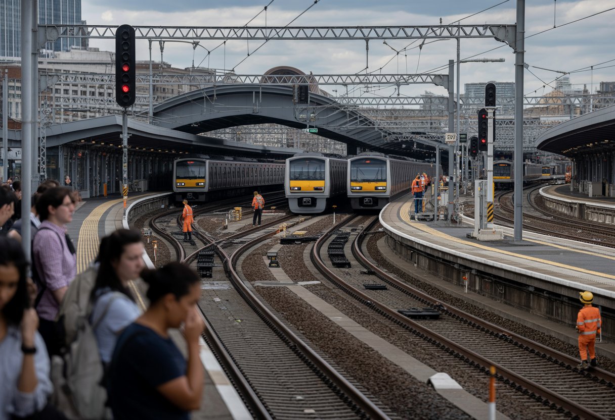 Ein belebter moderner Bahnhof mit mehreren Gleisen, Zügen, Technikern und wartenden Passagieren.