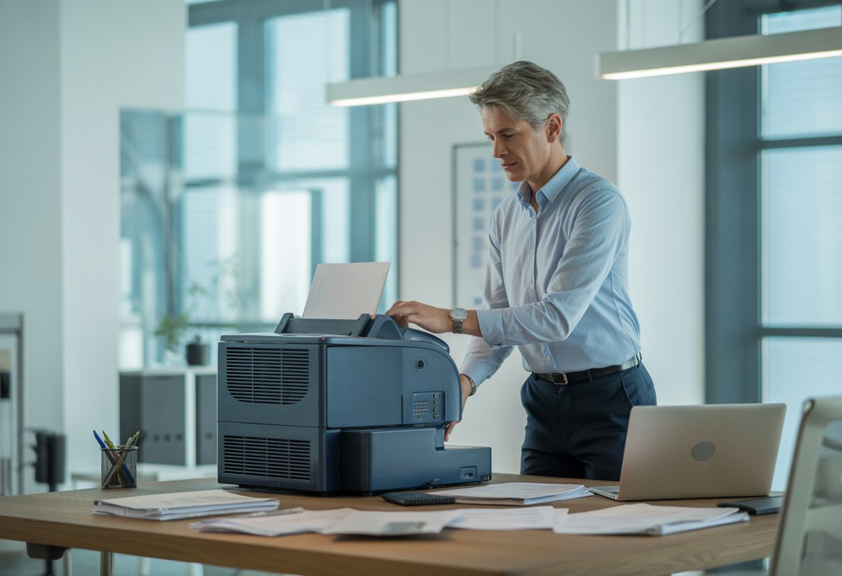 Ein deutscher Büroangestellter bedient im Jahr 2025 ein Faxgerät an einem Schreibtisch mit modernen Geräten in einem hellen Büro.