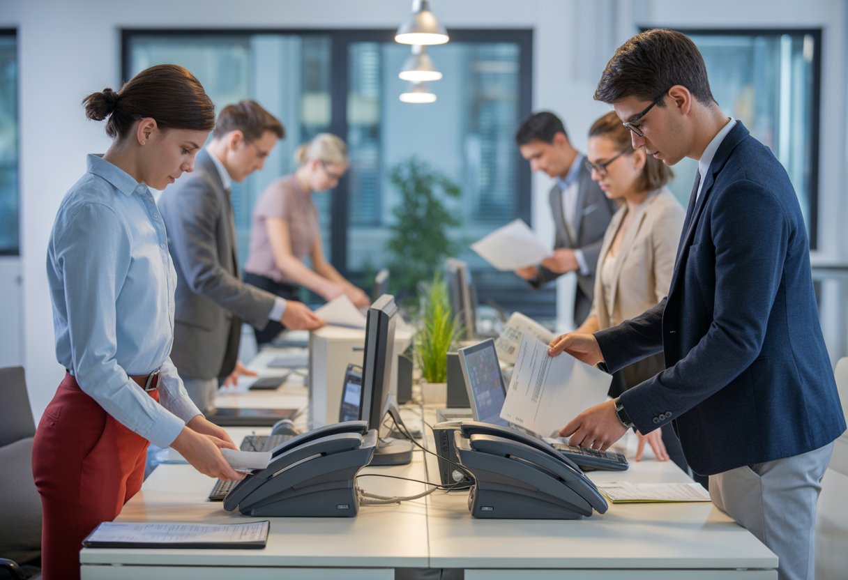 Geschäftsleute in einem modernen Büro nutzen Faxgeräte neben Computern.