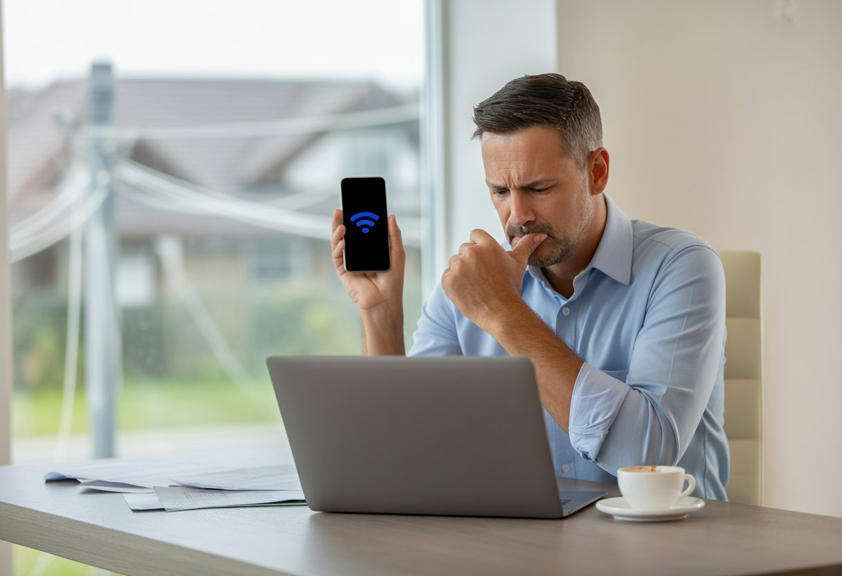 Ein enttäuschter Mann sitzt an einem Schreibtisch und schaut auf einen Laptop und ein Smartphone mit schlechtem Internetsignal, im Hintergrund sind Glasfaserkabel an Strommasten zu sehen.