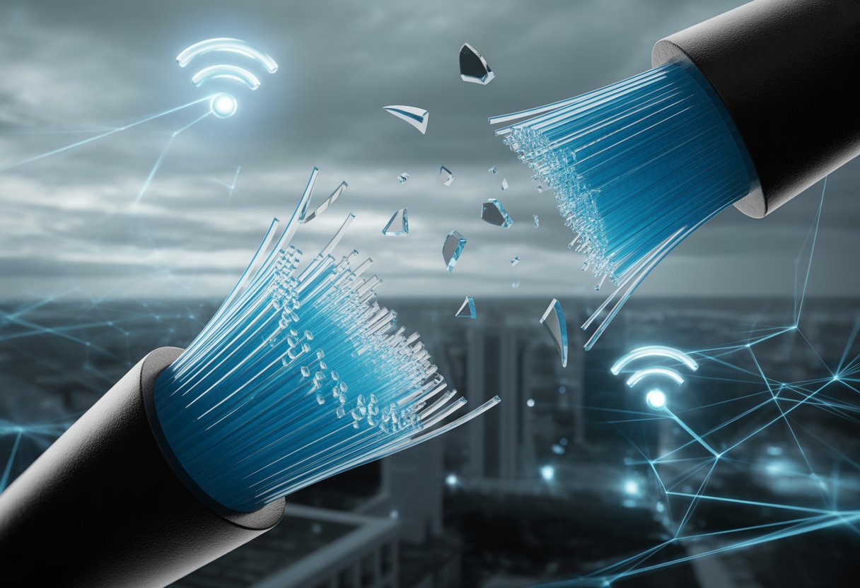 Nahaufnahme eines zerbrochenen Glasfaserkabels mit leuchtenden Fasern, im Hintergrund eine verschwommene Stadt mit schwachen Netzwerksignalen.