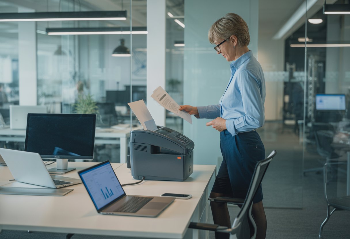 Ein Büro mit einem Mitarbeiter, der an einem Faxgerät arbeitet, umgeben von moderner Computertechnik.