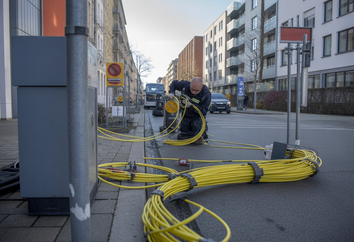 Techniker installieren Glasfaserkabel in einer deutschen Stadtstraße mit Gebäuden im Hintergrund.