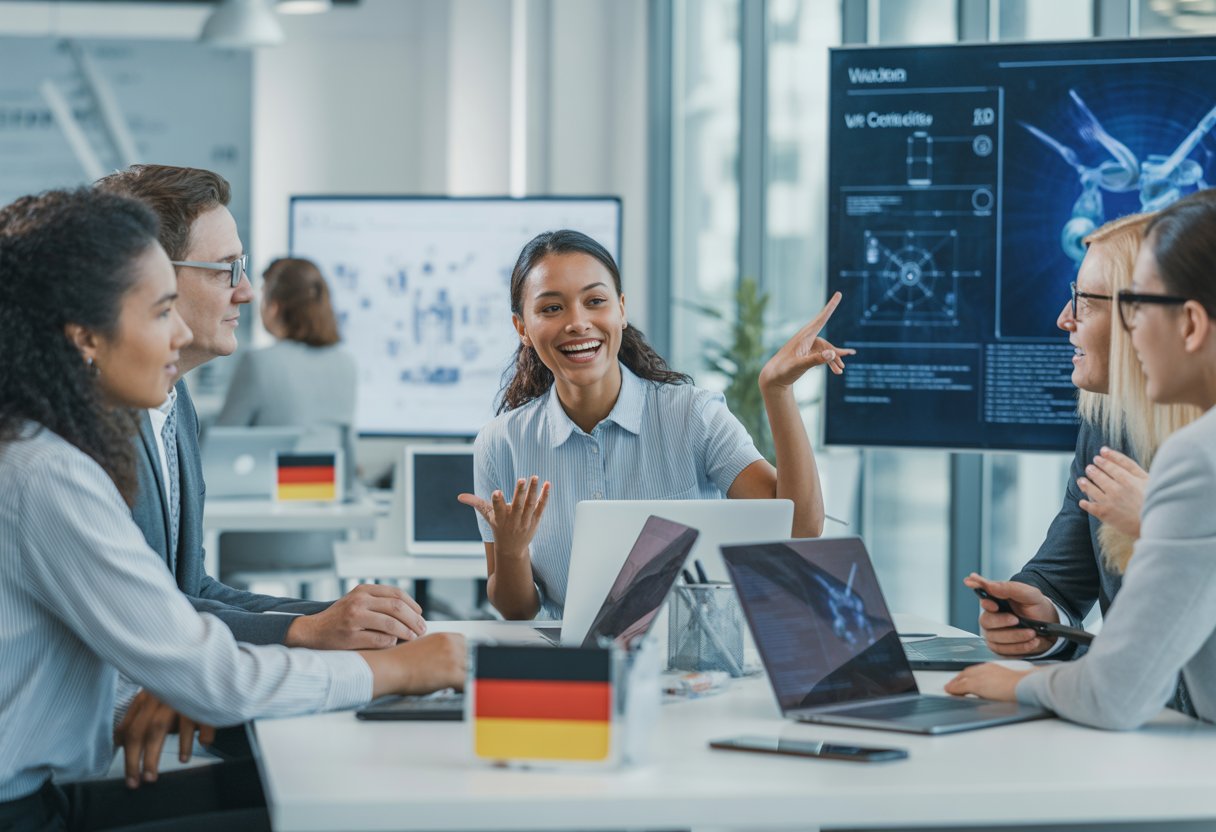 Eine Gruppe von Technologieprofis diskutiert lebhaft in einem modernen Büro mit großen Fenstern und Computern, während eine Frau im Vordergrund lächelt und Ideen erklärt.