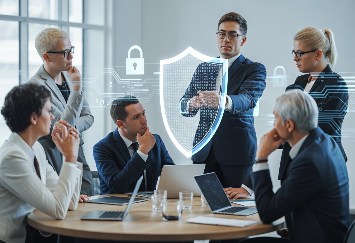 Eine Gruppe von Geschäftsleuten diskutiert in einem modernen Büro, wobei eine Person ein digitales Schutzschild hält, das Datenschutz symbolisiert.