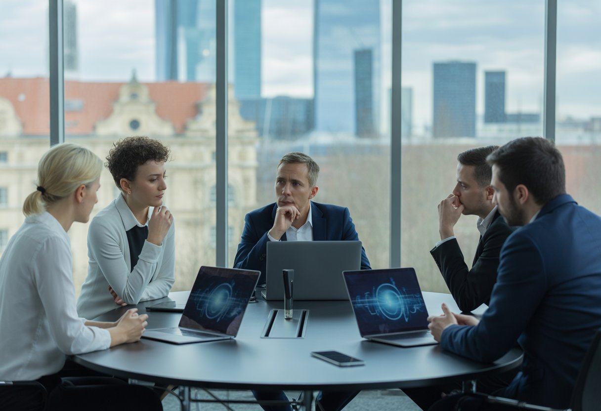 Menschen in einem modernen Büro diskutieren ernsthaft über Technologie, mit Blick auf eine Stadtansicht im Hintergrund.