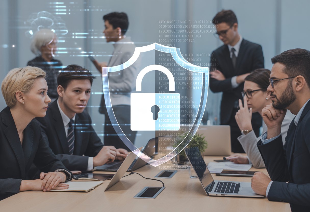 Geschäftsleute in einem modernen Büro diskutieren um einen Konferenztisch, mit einem digitalen Schutzsymbol zwischen ihnen, das Datenschutz und Fortschritt darstellt.
