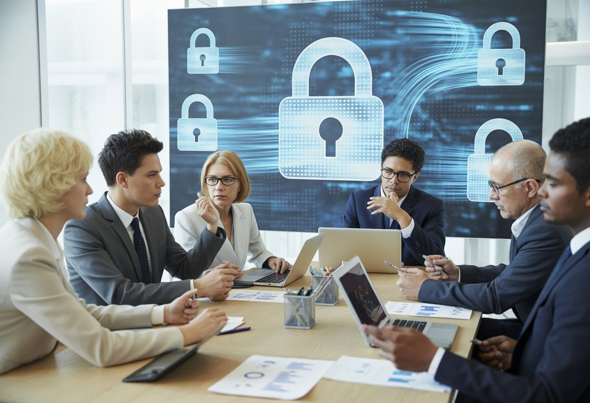 Mehrere Geschäftsleute diskutieren ernsthaft an einem Konferenztisch in einem modernen Büro mit digitalen Symbolen für Datenschutz im Hintergrund.