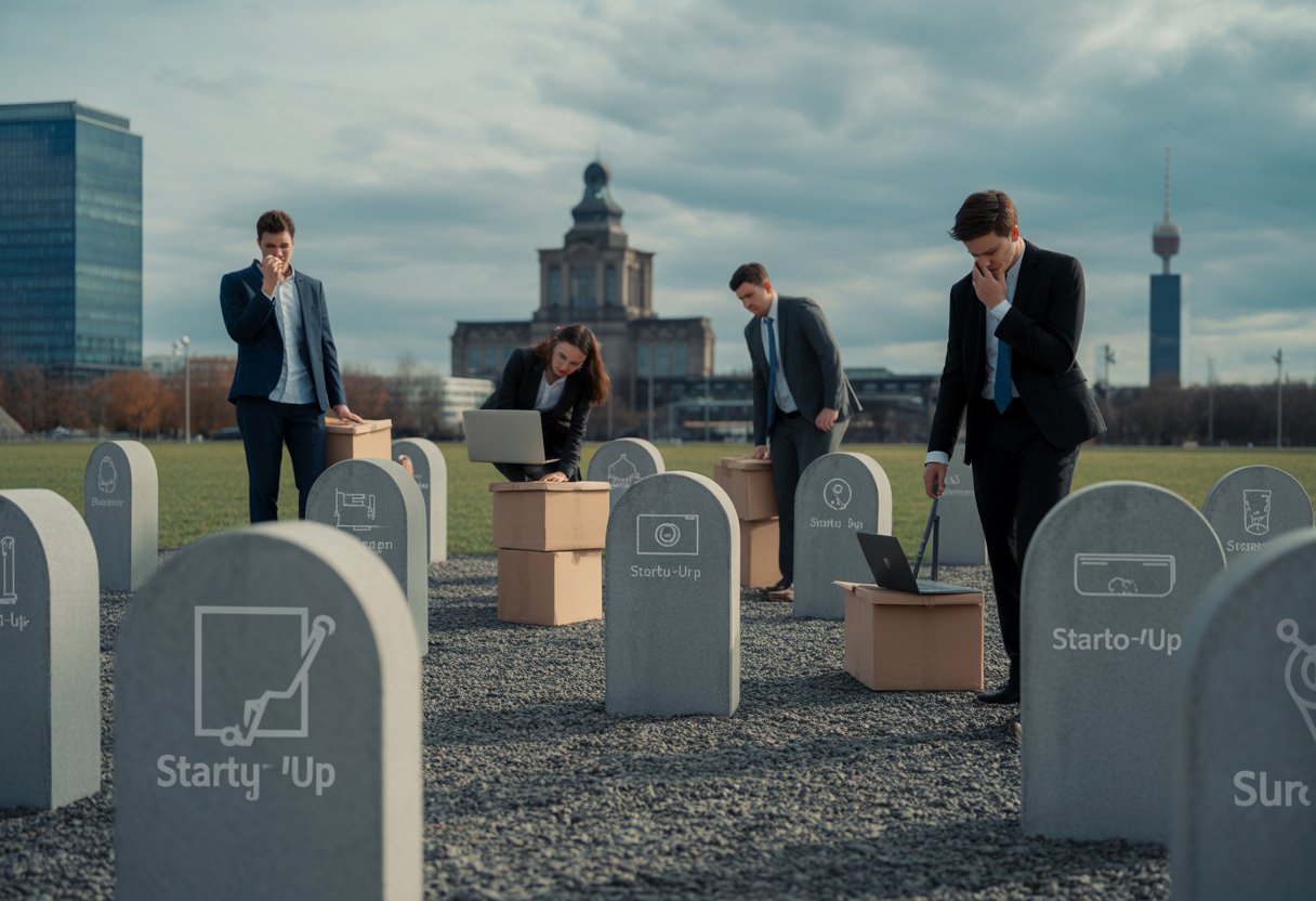 Ein moderner Friedhof mit Grabsteinen, die Start-ups symbolisieren, und junge Menschen, die nachdenklich sind oder ihre Sachen packen, vor einer deutschen Stadtlandschaft.
