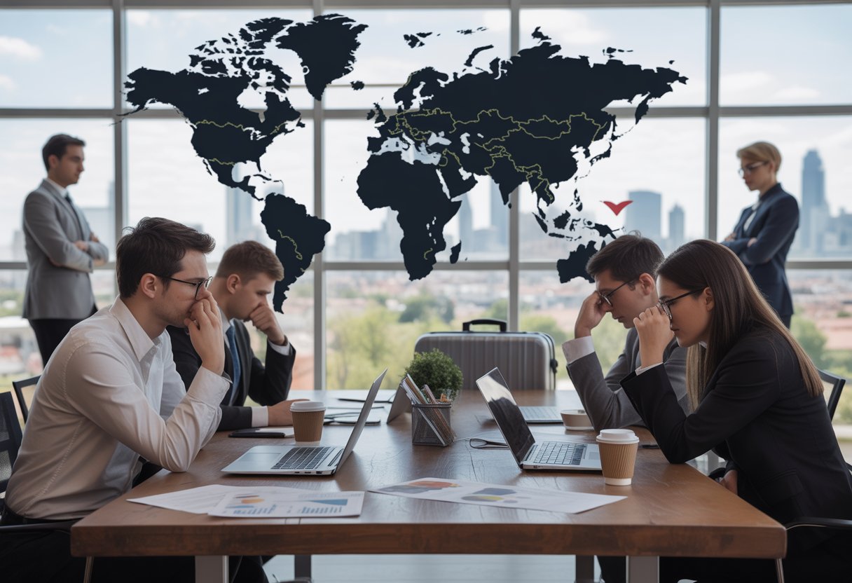 Geschäftsleute sitzen nachdenklich an einem Konferenztisch in einem modernen Büro mit Blick auf eine Stadt, die den Unterschied zwischen erfolgreichen internationalen Unternehmen und Herausforderungen für Start-ups in Deutschland zeigt.