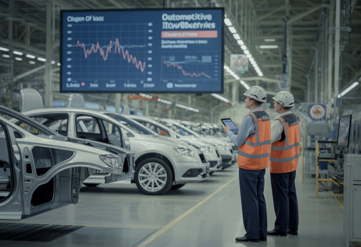 Leere Produktionslinie in einer deutschen Autofabrik mit besorgten Arbeitern, die auf unfertige Autos schauen.