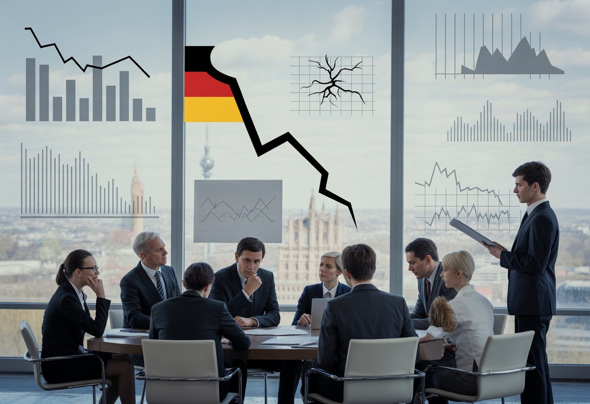 Geschäftsleute diskutieren ernsthaft in einem modernen Büro mit Diagrammen und einer Stadtansicht im Hintergrund.