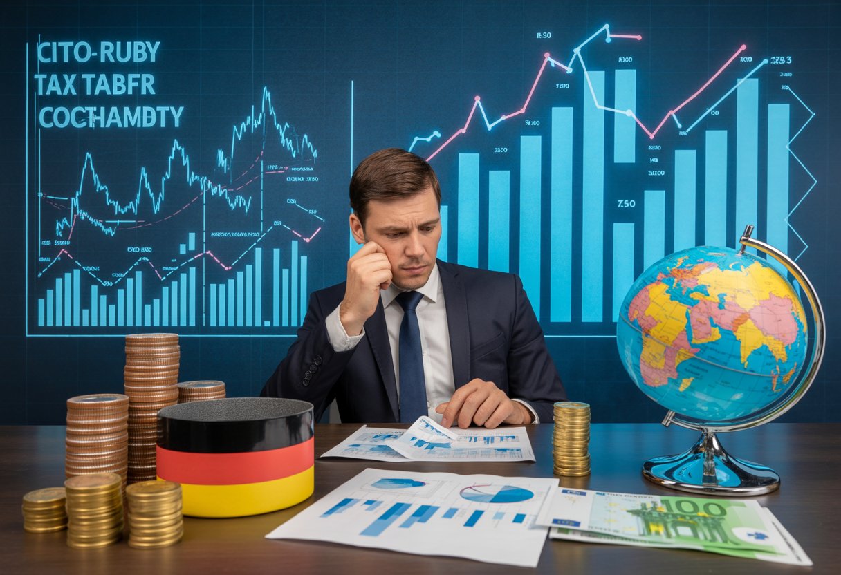 Ein Geschäftsmann sitzt an einem Schreibtisch und betrachtet nachdenklich Finanzdokumente mit Münzen, Euroscheinen und einem Globus im Hintergrund.