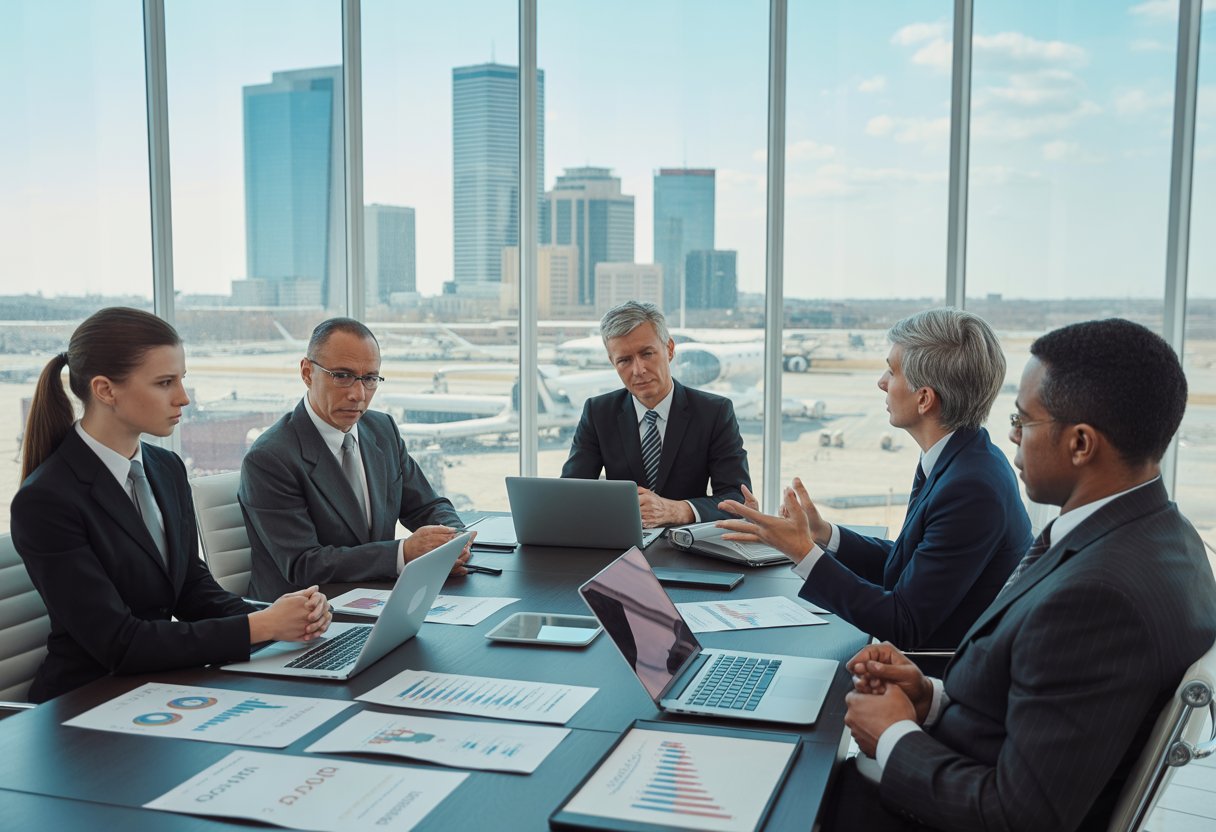 Geschäftsleute in einem Besprechungsraum mit Blick auf eine Stadt und einen Flughafen, die eine strategische Diskussion führen.