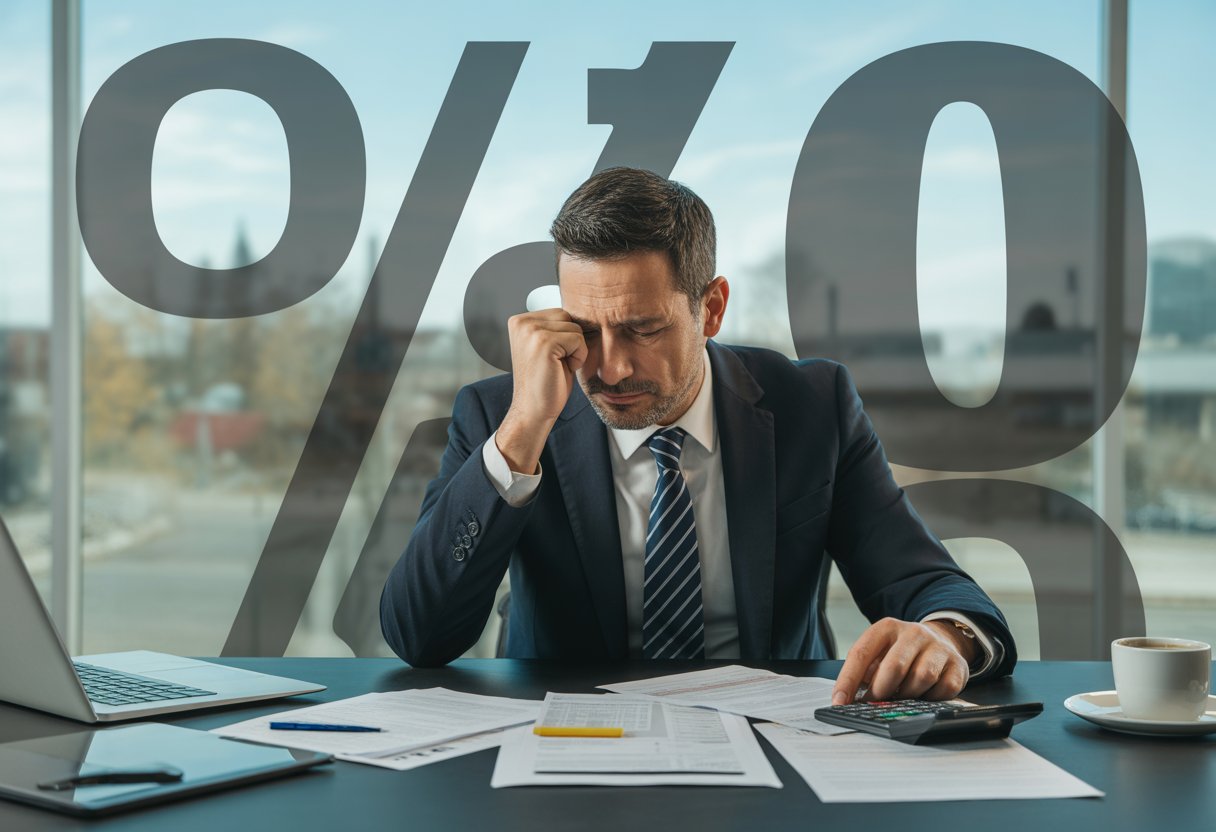 Ein gestresster Geschäftsmann sitzt an einem Schreibtisch mit vielen Unterlagen und einem Taschenrechner in einem Büro.