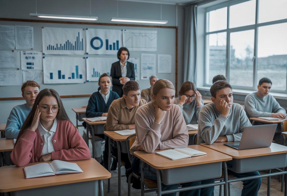 Ein Klassenzimmer mit Jugendlichen, die verwirrt und desinteressiert wirken, während ein besorgter Lehrer vor einer Tafel steht.
