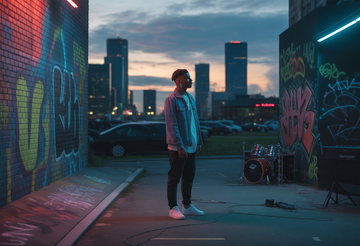 Ein junger Mann in Streetwear steht nachdenklich vor einer mit Graffiti bedeckten Wand in einer urbanen Straßenszene bei Dämmerung.