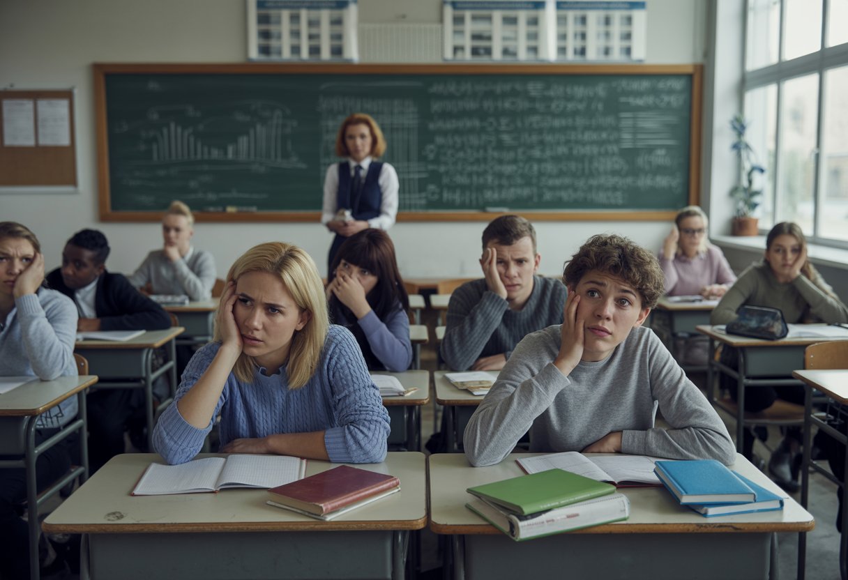 Eine Schulklasse mit besorgten Schülern und einer nachdenklichen Lehrkraft in einem leicht abgenutzten Klassenzimmer.
