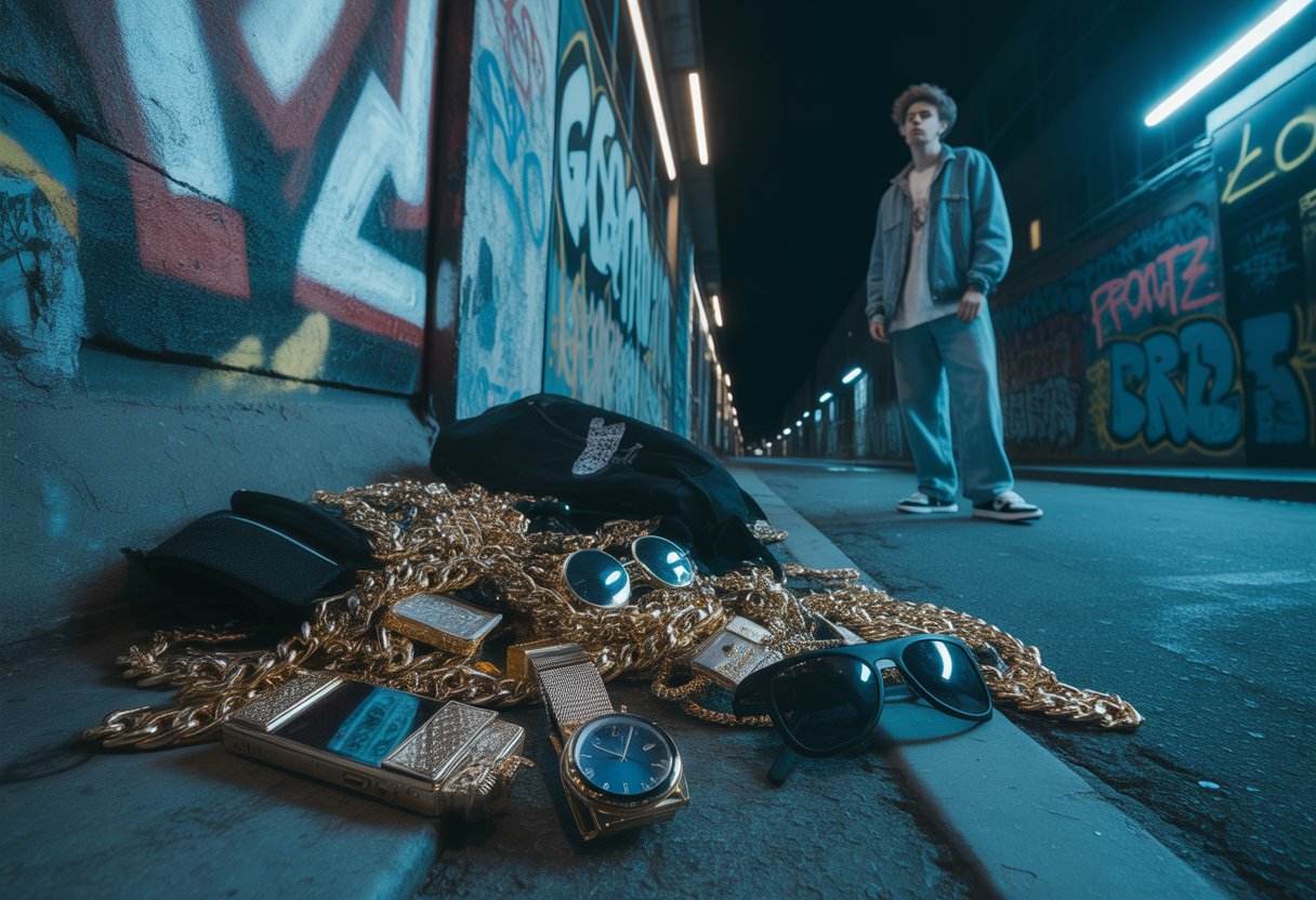 Ein junger Mann steht nachdenklich auf einer dunklen, urbanen Straße mit Graffiti und liegen gebliebenem Schmuck und Luxusgegenständen.
