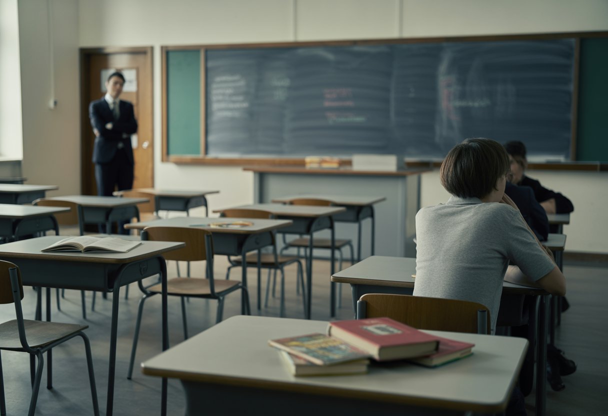 Ein fast leerer Klassenraum mit veralteten Tischen und Stühlen, ein besorgter Lehrer steht vorne, einige Schüler wirken gelangweilt und desinteressiert.