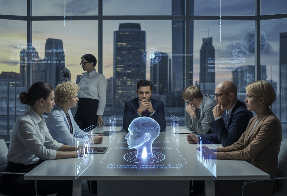 Menschen in einem Büro führen eine ernste Besprechung mit digitalen Datenanzeigen über künstliche Intelligenz und Datenschutz.