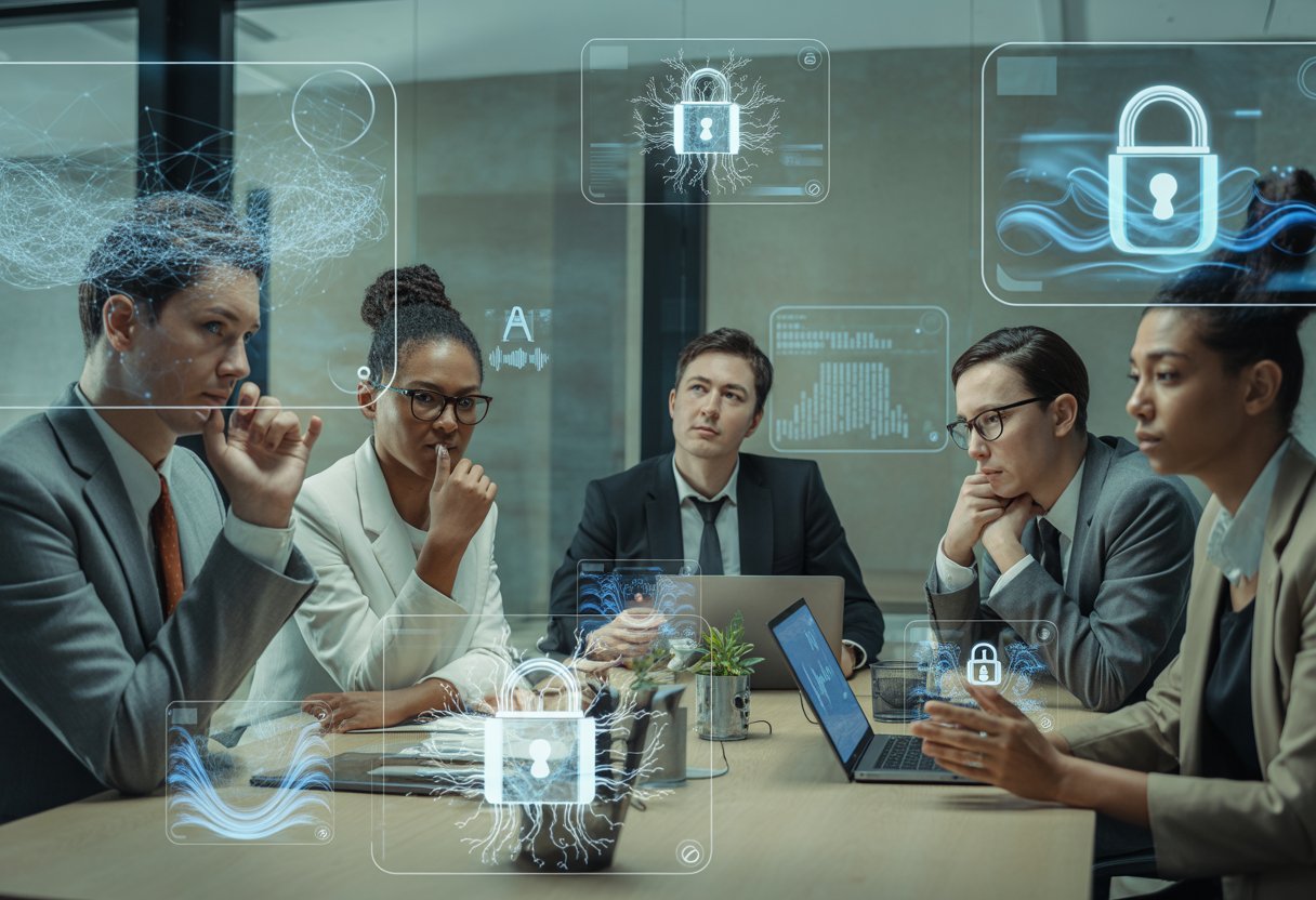 Mehrere Personen sitzen an einem Konferenztisch und diskutieren konzentriert vor digitalen Darstellungen von künstlicher Intelligenz und Datenschutzsymbolen.