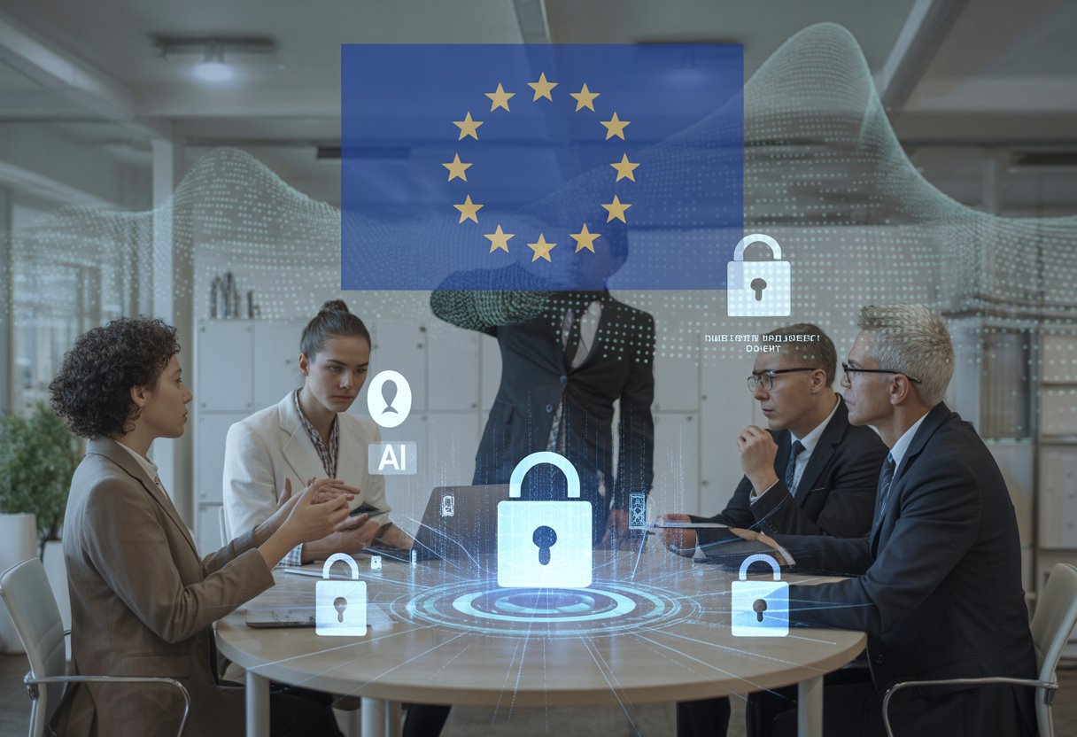 Menschen in einem modernen Büro diskutieren über digitale Daten und künstliche Intelligenz vor einem Hintergrund mit europäischer Flagge.