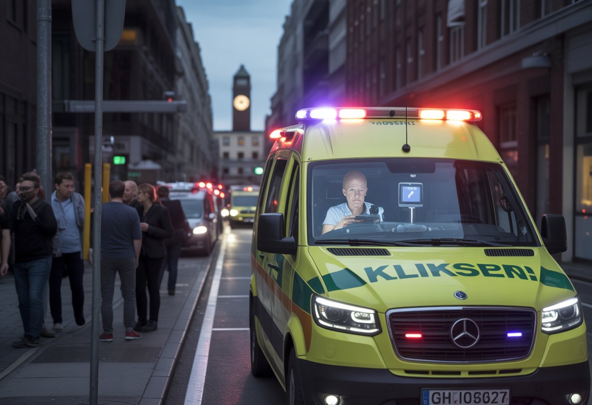 Ein Krankenwagen steht im dichten Stadtverkehr, während der Fahrer auf ein GPS schaut, im Hintergrund ist ein weit entfernter Krankenhausbau zu sehen.