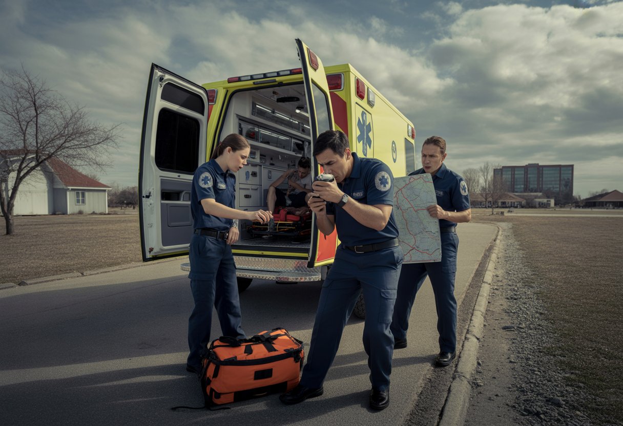 Ein Rettungsteam bereitet sich eilig in einer abgelegenen Gegend vor, während sie eine Karte betrachten, um einen Patienten zu finden.