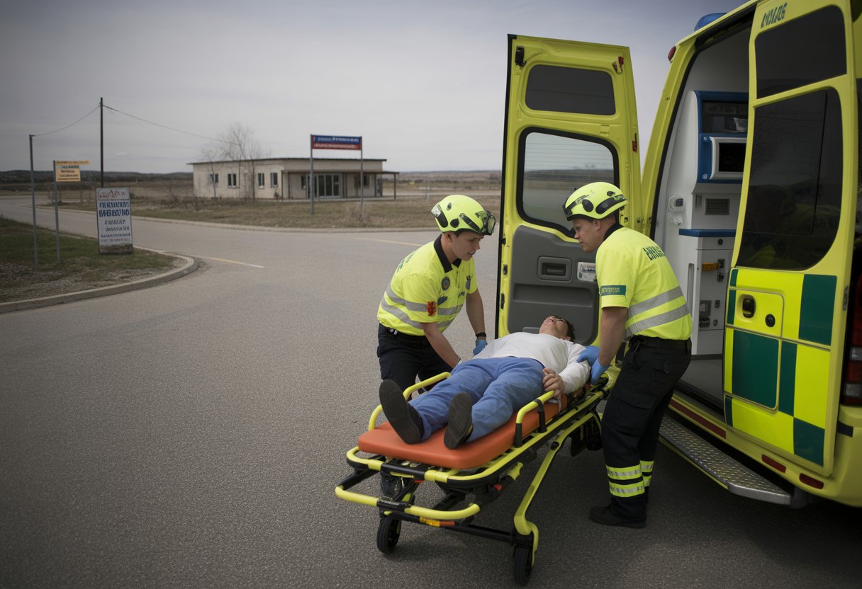 Rettungssanitäter versorgen einen Patienten neben einem Krankenwagen auf einer ländlichen Straße, im Hintergrund ist eine geschlossene Klinik zu sehen.