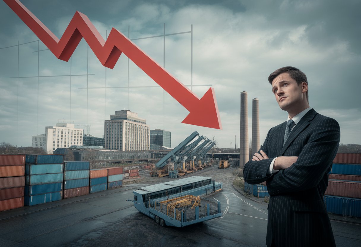 Ein besorgter Geschäftsmann steht vor einer Industrieanlage mit geschlossenen Toren und einem roten Pfeil, der nach unten zeigt, vor einem bewölkten Himmel.