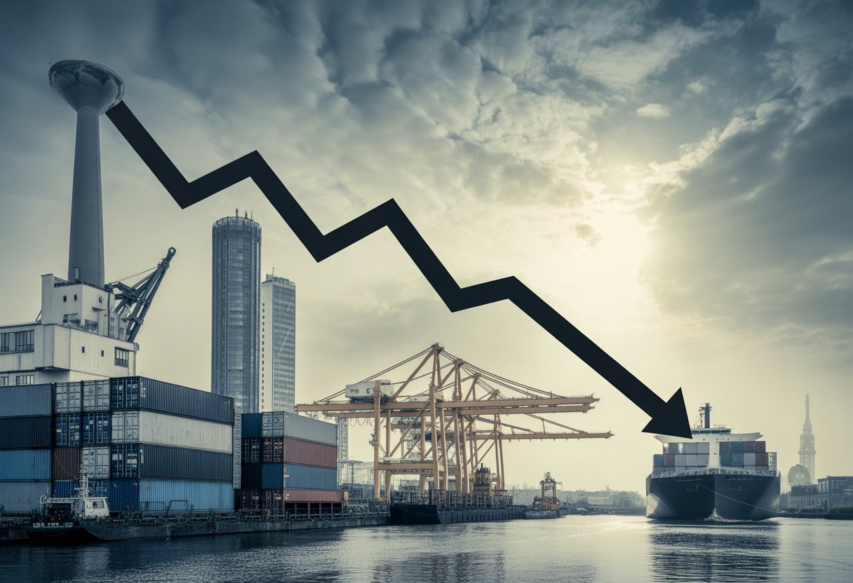 Industriehafen mit Fabriken, Containerschiffen und einem nach unten zeigenden Diagrammpfeil im Vordergrund, der den wirtschaftlichen Abschwung Deutschlands symbolisiert.