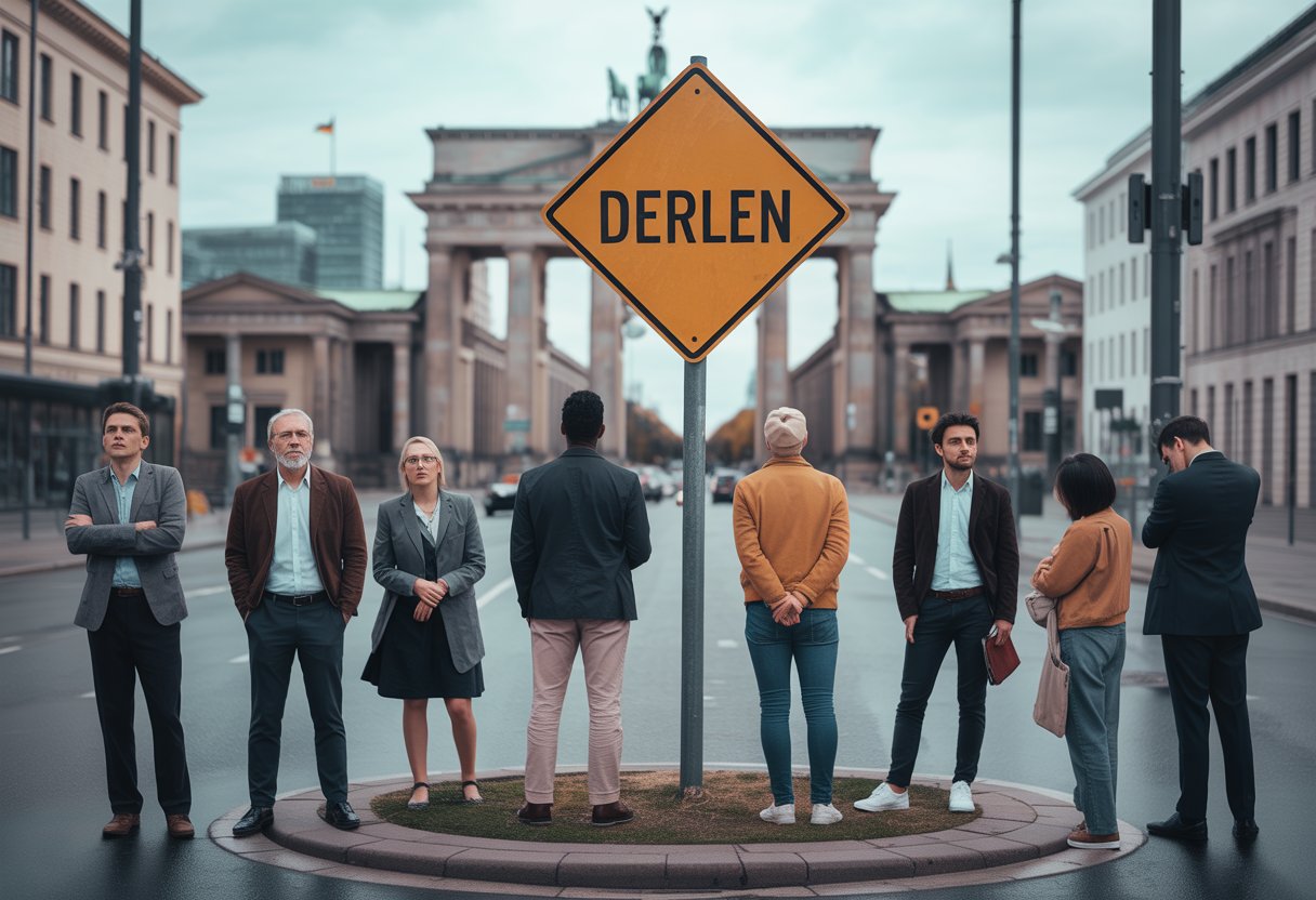 Menschen verschiedener Herkunft stehen an einer Sackgasse in einer Berliner Straße mit dem Brandenburger Tor im Hintergrund.