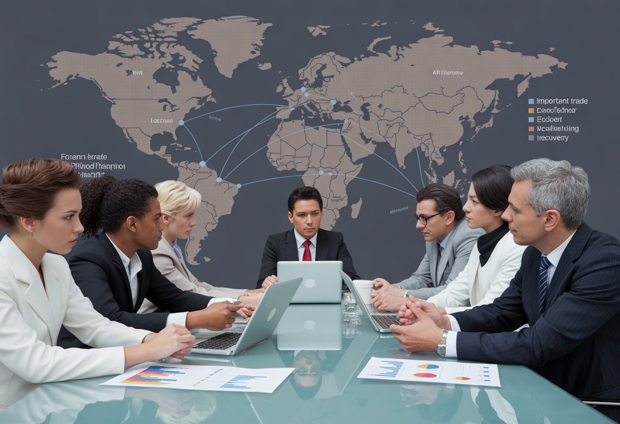 Geschäftsleute in einem modernen Büro diskutieren vor einer Weltkarte über den Einfluss wichtiger Handelspartner auf die deutsche Wirtschaft.