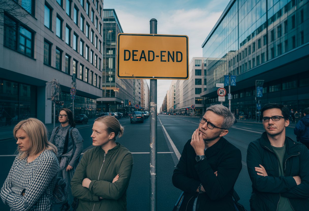 Eine Straßenszene in Berlin mit einem Sackgassenschild und mehreren nachdenklichen Menschen auf dem Bürgersteig.