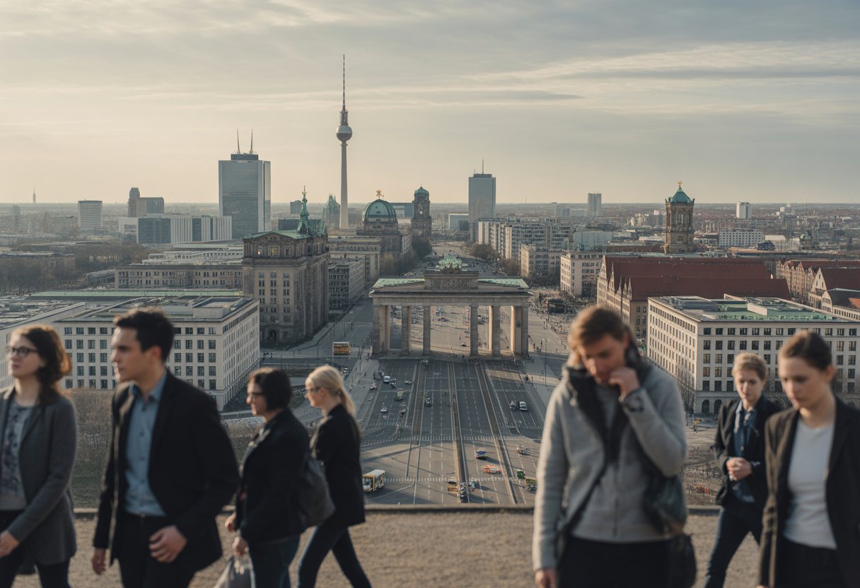 Blick auf Berliner Wahrzeichen mit Menschen, die nachdenklich durch die Straßen gehen.