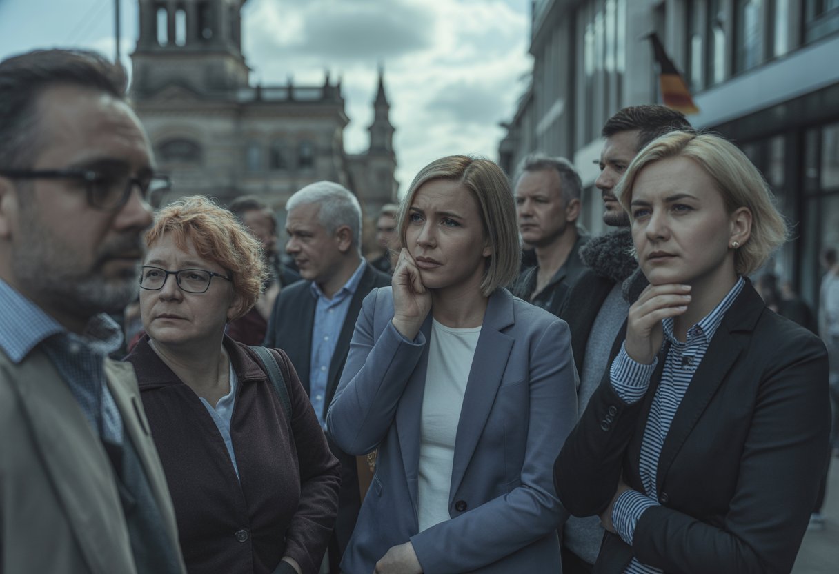 Eine Gruppe von Menschen in einer deutschen Stadt mit besorgten und nachdenklichen Gesichtsausdrücken unter bewölktem Himmel.