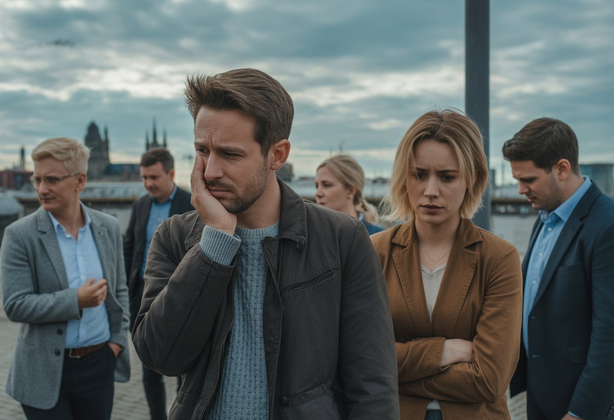 Eine Gruppe besorgter Menschen in einer deutschen Stadt mit bewölktem Himmel, die nachdenklich und angespannt wirken.