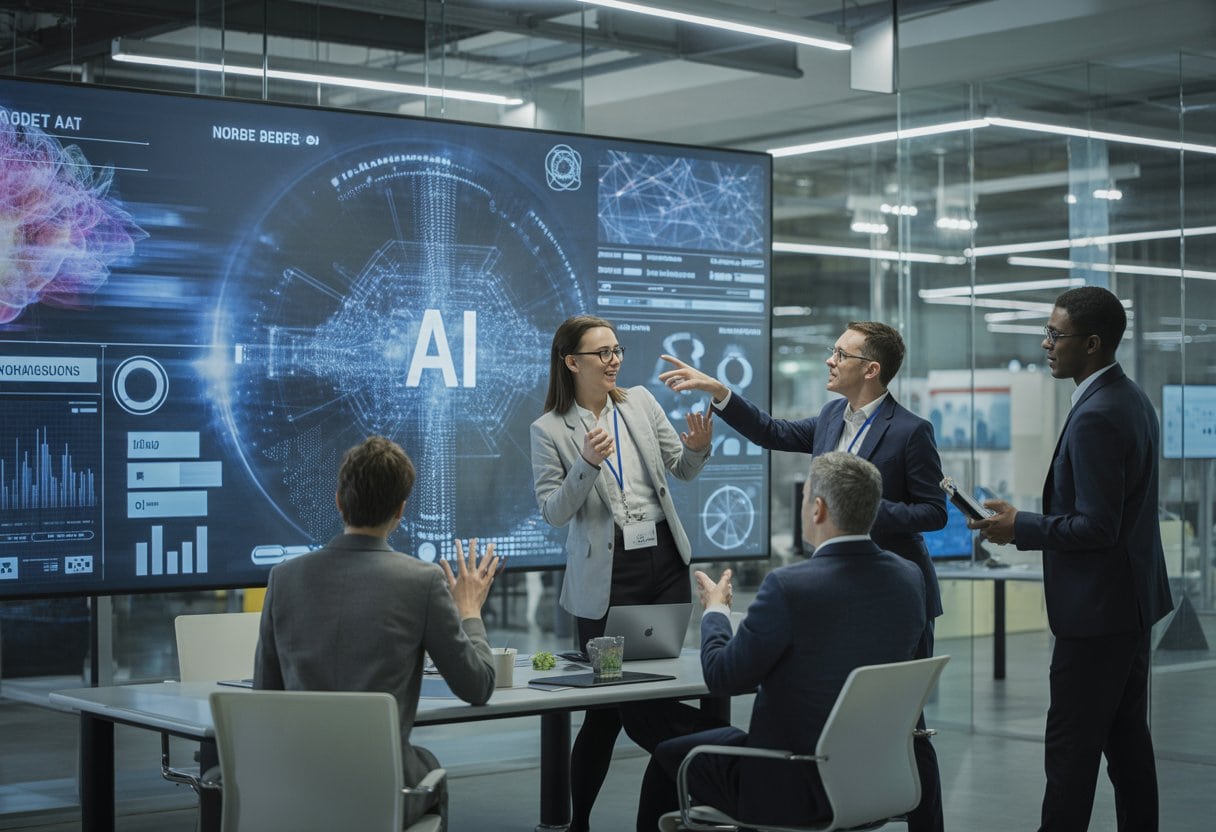 Mehrere Fachleute diskutieren in einem modernen Büro vor einem großen Bildschirm mit futuristischen Datenvisualisierungen.