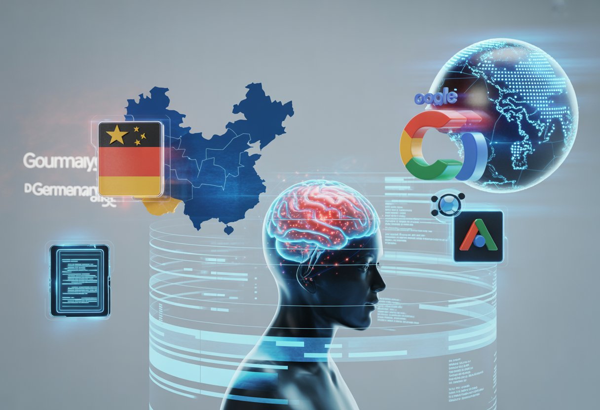Symbolische Darstellung eines globalen KI-Rennens mit digitalen Gehirnen, Datenströmen und einer Weltkarte, die China, OpenAI, Google und Deutschland zeigt.
