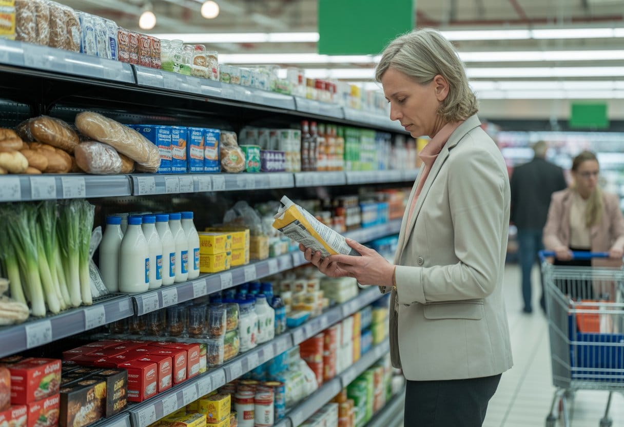 Ein Kunde betrachtet im Supermarkt die Preisschilder an Lebensmitteln.