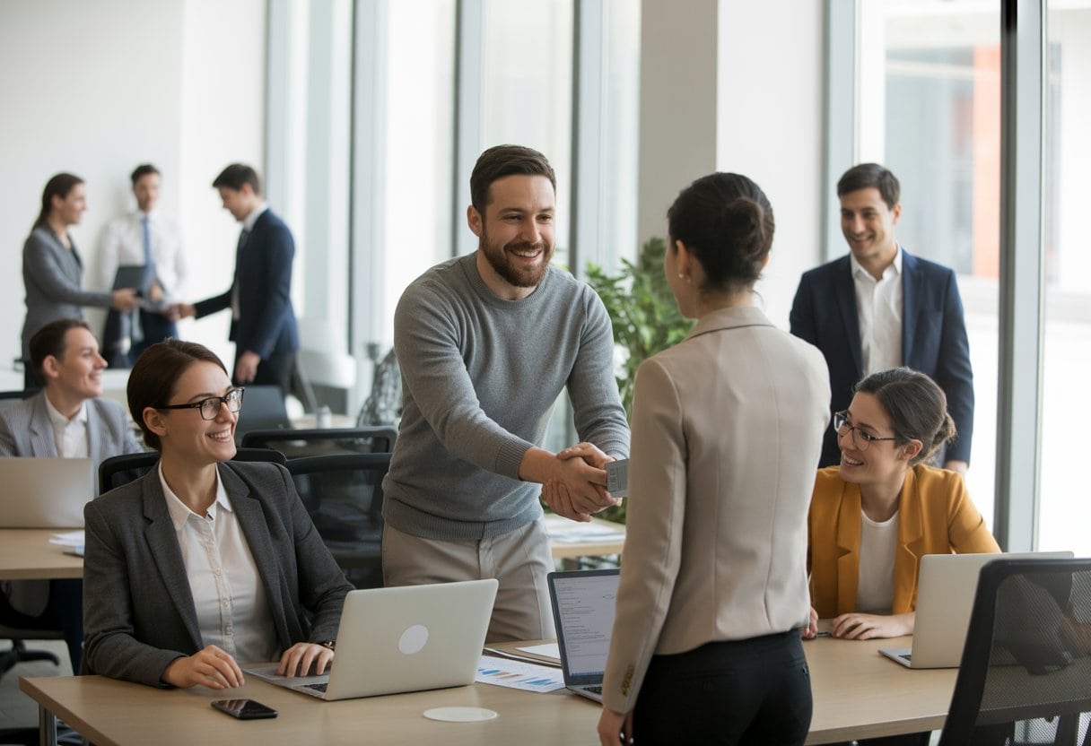 Mehrere Mitarbeiter kehren in ein helles Büro zurück und unterhalten sich persönlich, während ein Manager sie freundlich begrüßt.