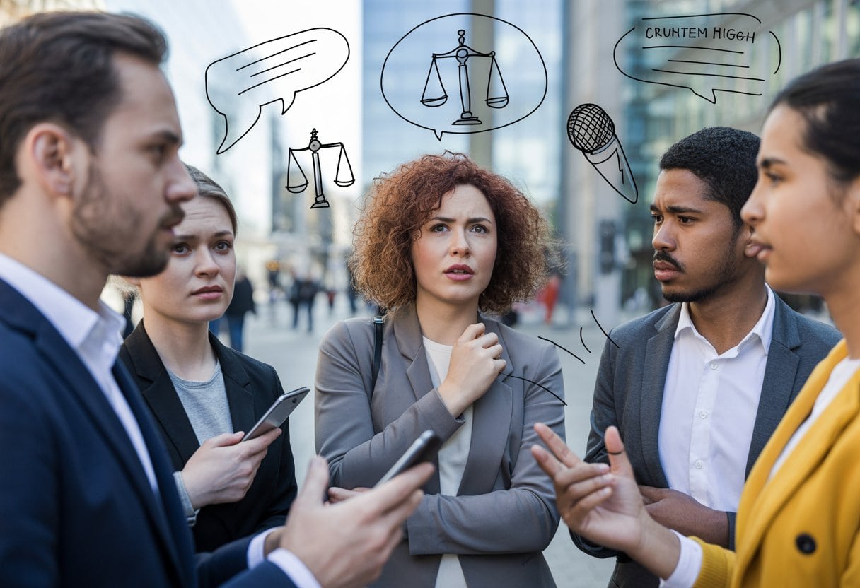 Eine Gruppe von Menschen diskutiert ernsthaft im Freien in einer modernen Stadtumgebung.