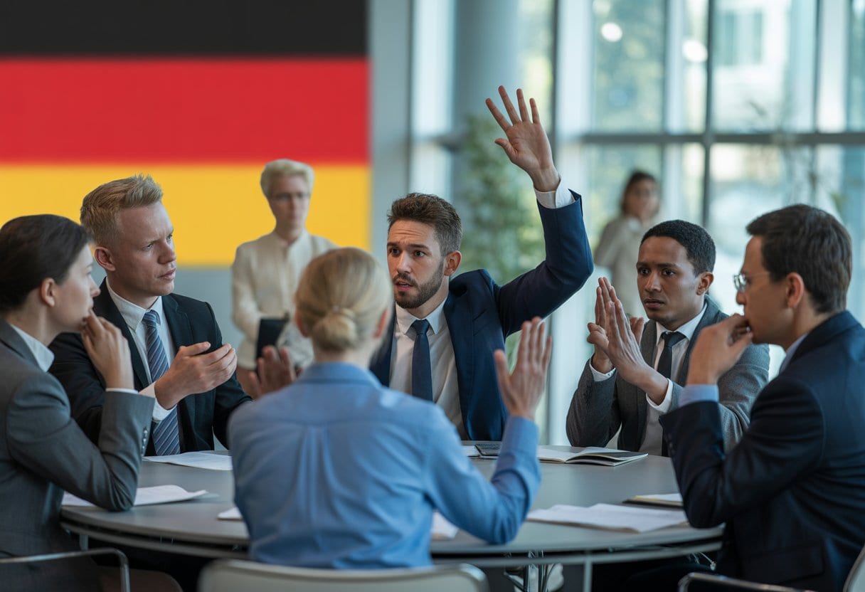 Menschen diskutieren ernsthaft und emotional in einem modernen Besprechungsraum.